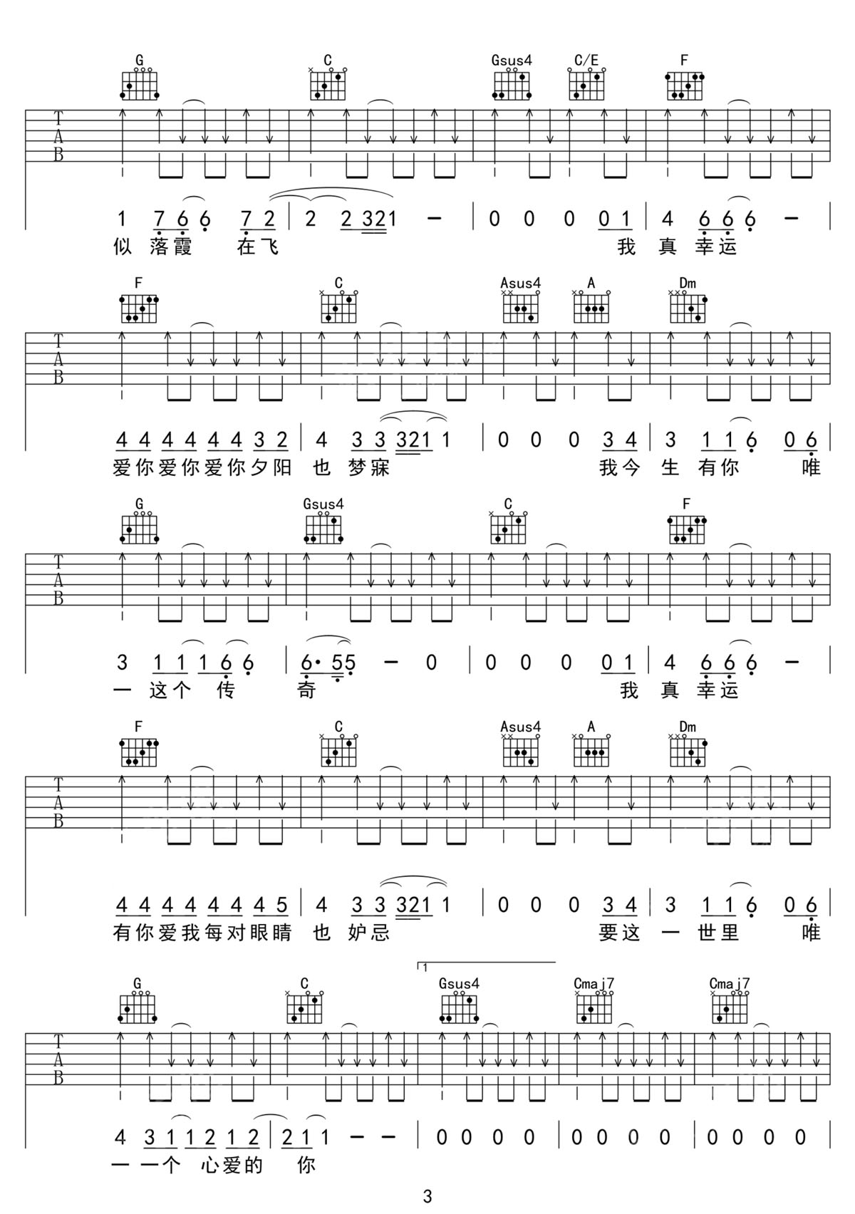 你是我今生唯一的傳奇吉他譜_張學(xué)友_C調(diào)和弦彈唱譜_高清掃弦版_圖譜3