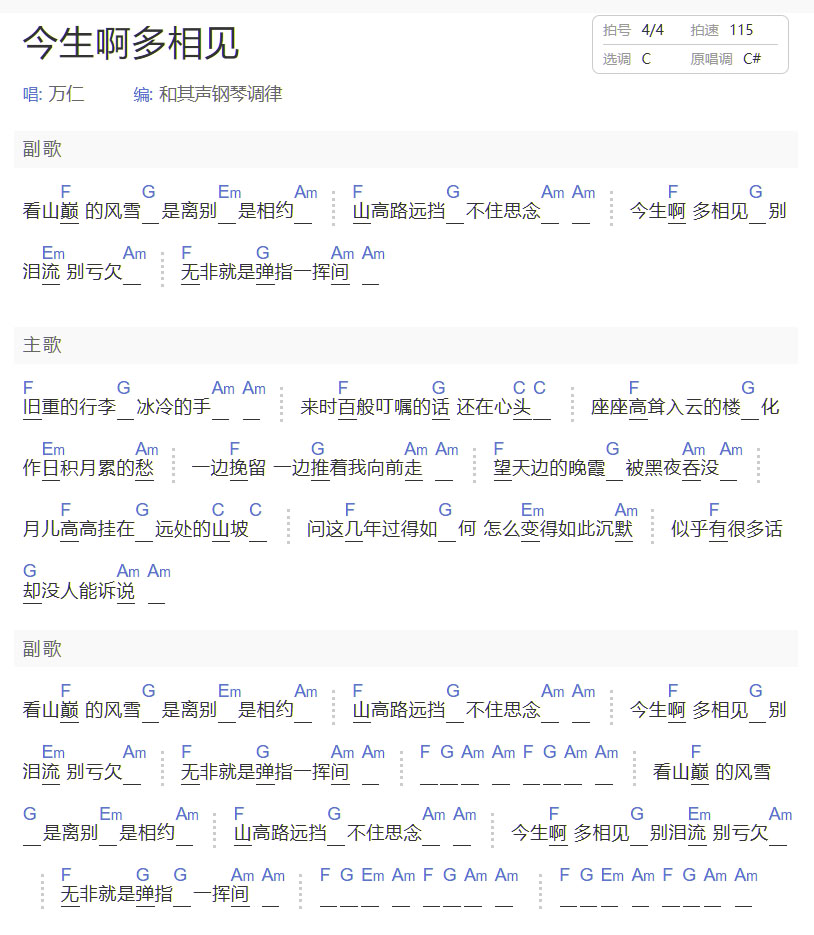 今生啊多相見吉他譜_萬仁_C調和弦彈唱譜_新歌和弦版_圖譜1