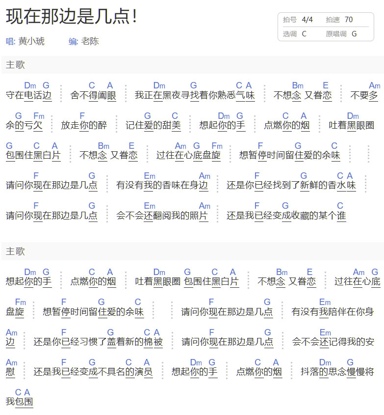 现在那边是几点吉他谱_黄小琥_C调和弦弹唱谱_简单和弦版_图谱1