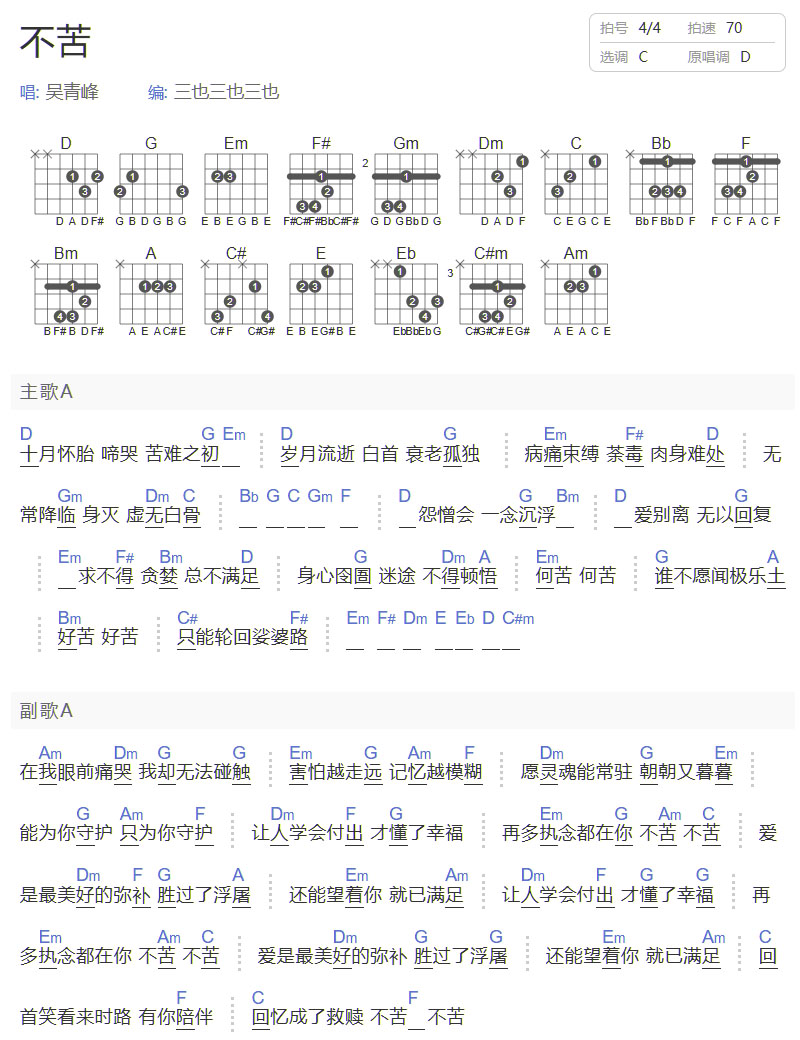 不苦吉他谱_吴青峰_C调和弦弹唱谱_简单和弦版_图谱1