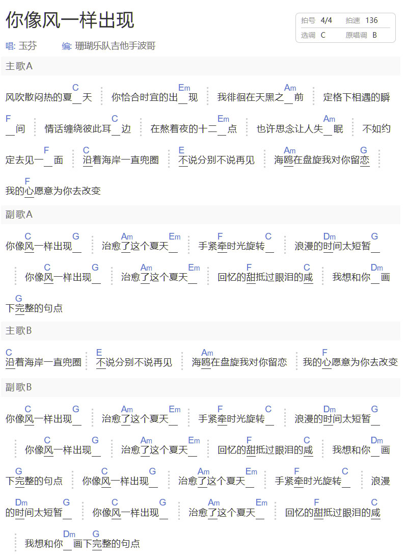 你像风一样出现吉他谱_玉芬_C调和弦弹唱谱_简单和弦版_图谱1
