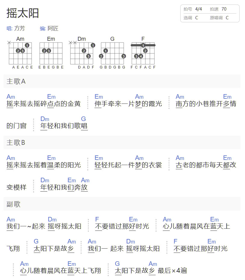 摇太阳吉他谱_万芳_C调和弦弹唱谱_简单和弦版_图谱1