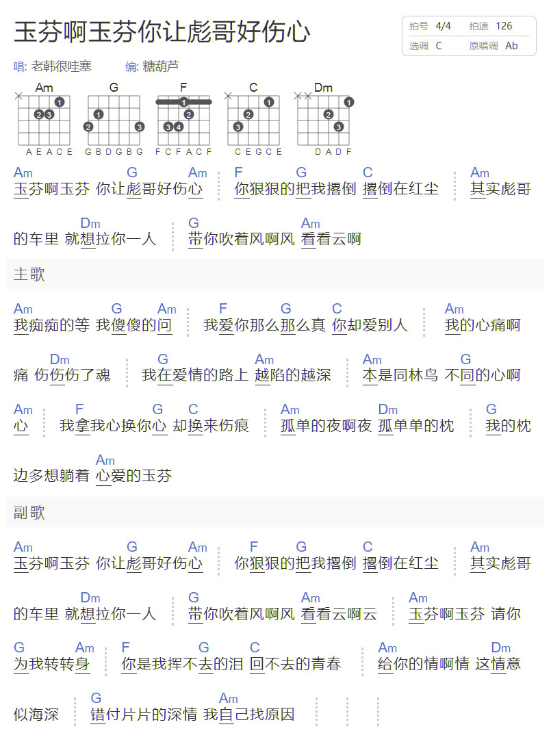 玉芬啊玉芬你让彪哥好伤心吉他谱_老韩很哇塞_C调和弦弹唱谱_图谱1