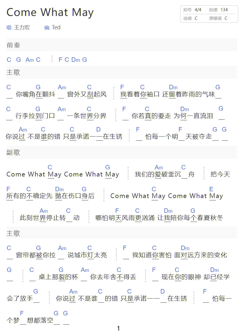 Come What May吉他谱_王力宏_C调和弦弹唱谱_简单版_图谱1