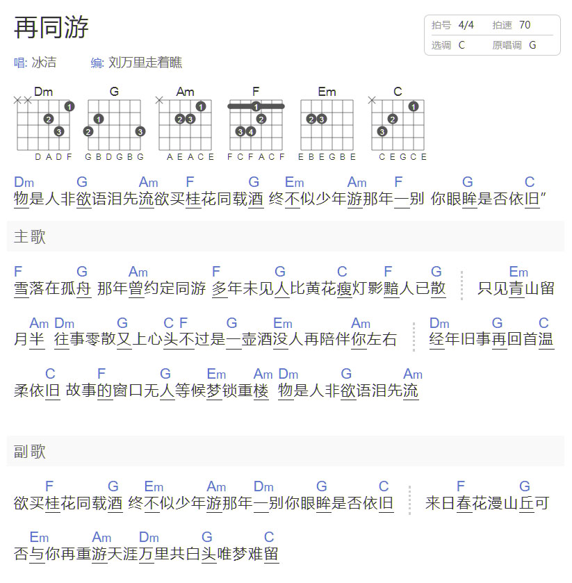 再同游吉他谱_冰洁_C调和弦弹唱谱_简单和弦版_图谱1