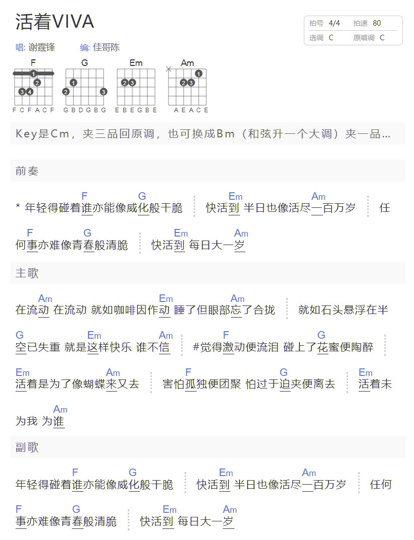 活着VIVA吉他谱_谢霆锋_C调和弦弹唱谱_简单和弦版_图谱1