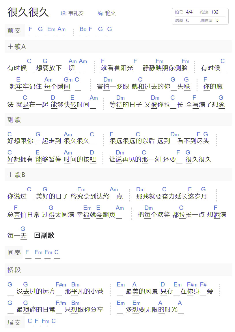 很久很久吉他谱_韦礼安_C调和弦弹唱谱_简单和弦版_图谱1