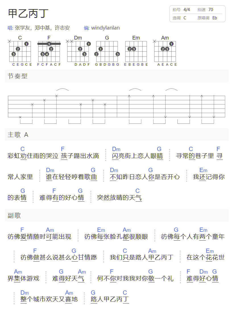甲乙丙丁吉他谱_张学友_C调和弦弹唱谱_简单版_图谱1