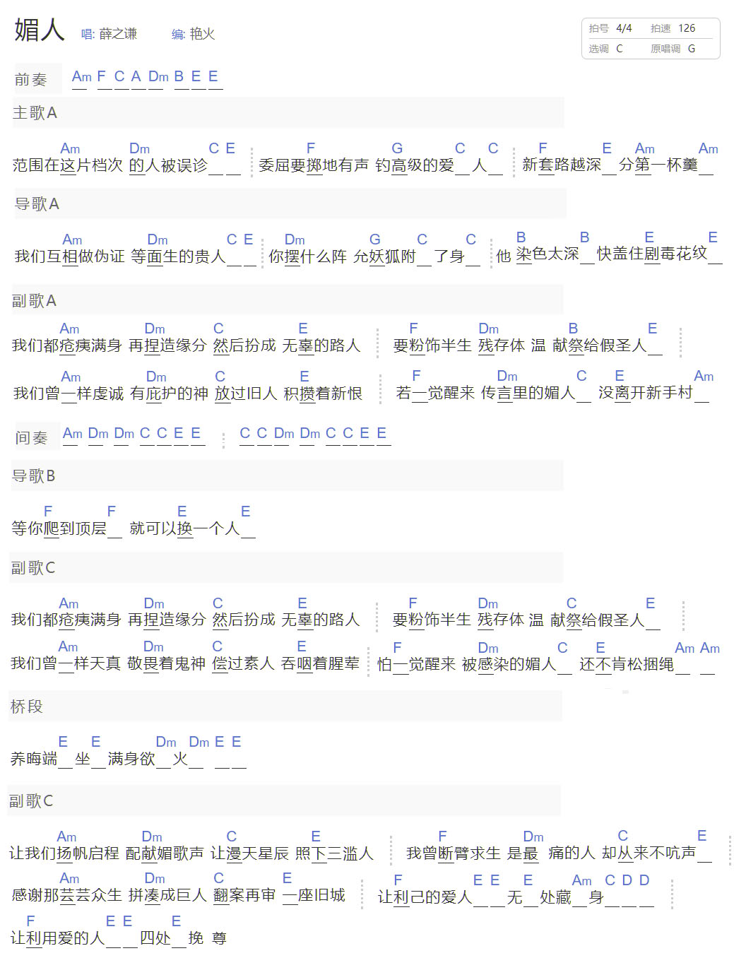 媚人吉他谱_薛之谦_C调和弦弹唱谱_简单和弦版_图谱1