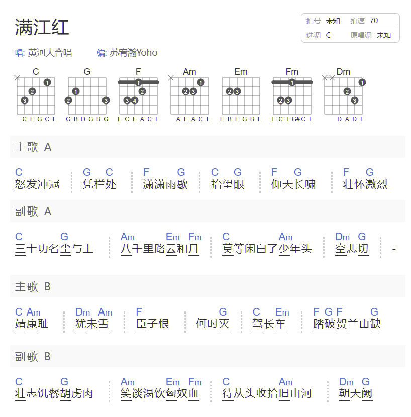 满江红吉他谱_黄河大合唱_C调和弦弹唱谱_简单和弦版_图谱1