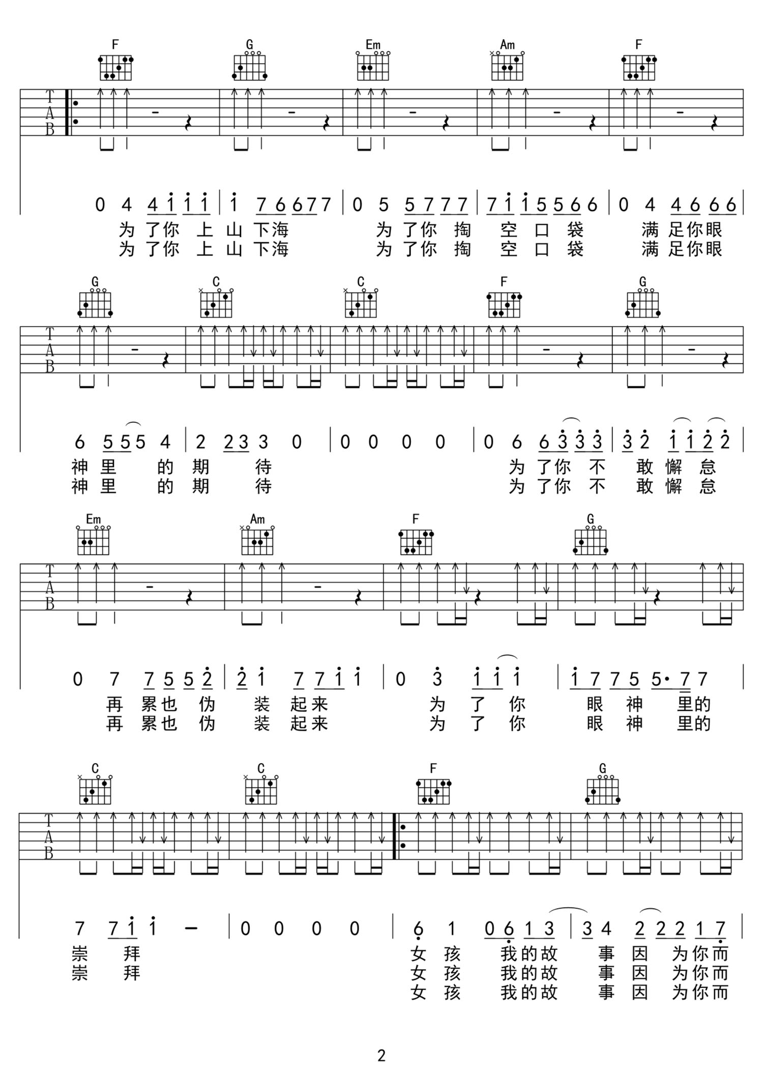 女孩吉他谱_韦礼安_C调和弦弹唱谱_长不大的爸爸片头曲_图谱2