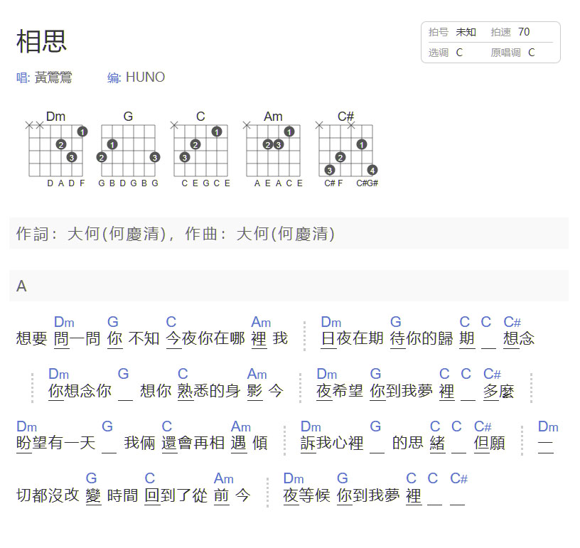 相思吉他谱_黄莺莺_C调和弦弹唱谱_简单和弦版_图谱1