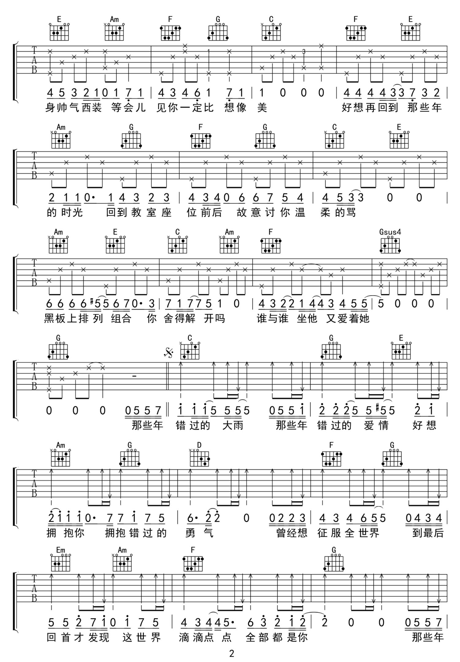 那些年吉他谱_胡夏_C调和弦弹唱谱_原版带前奏_图谱2
