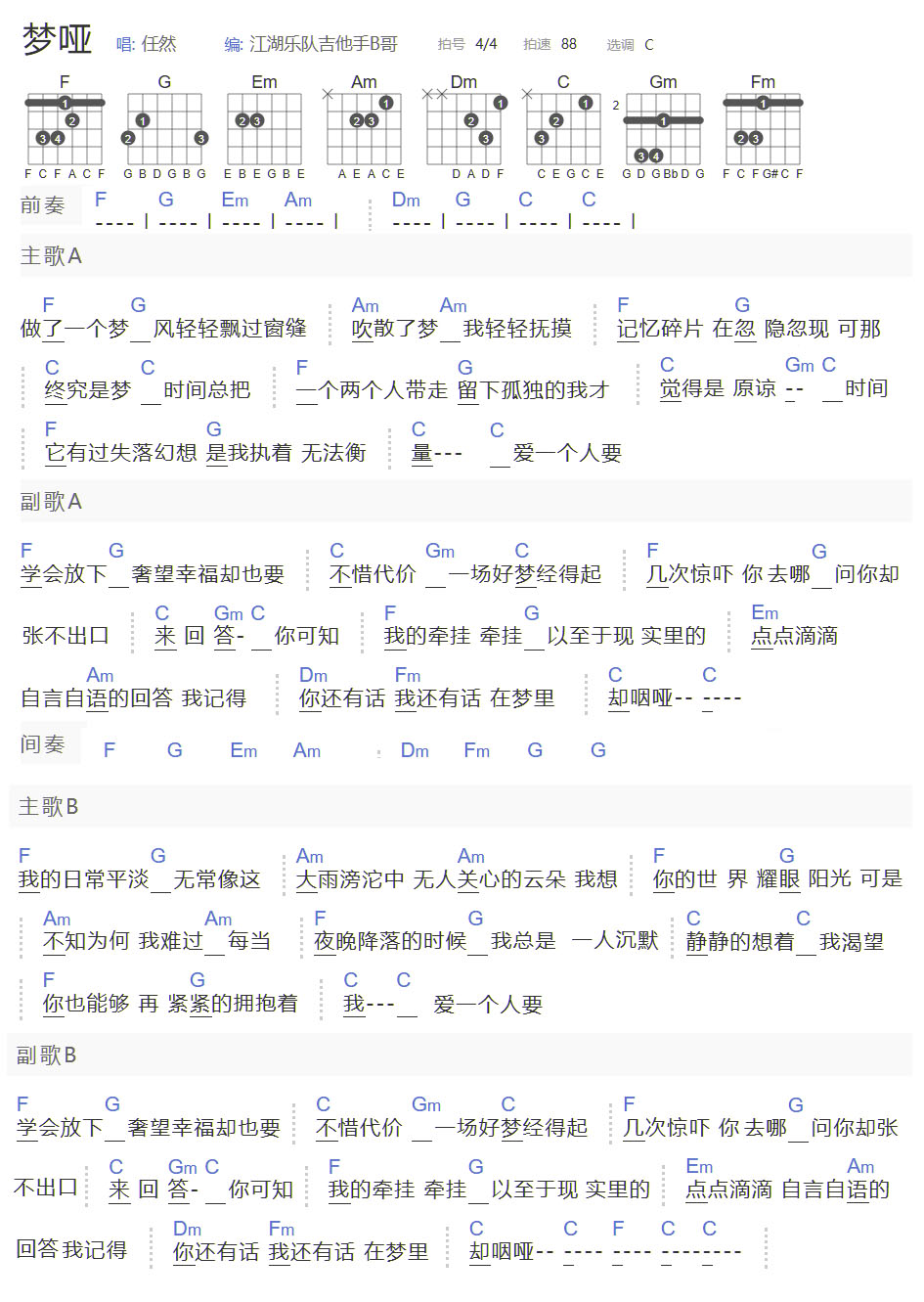 梦哑吉他谱_任然_C调和弦弹唱谱_简单和弦版_图谱1