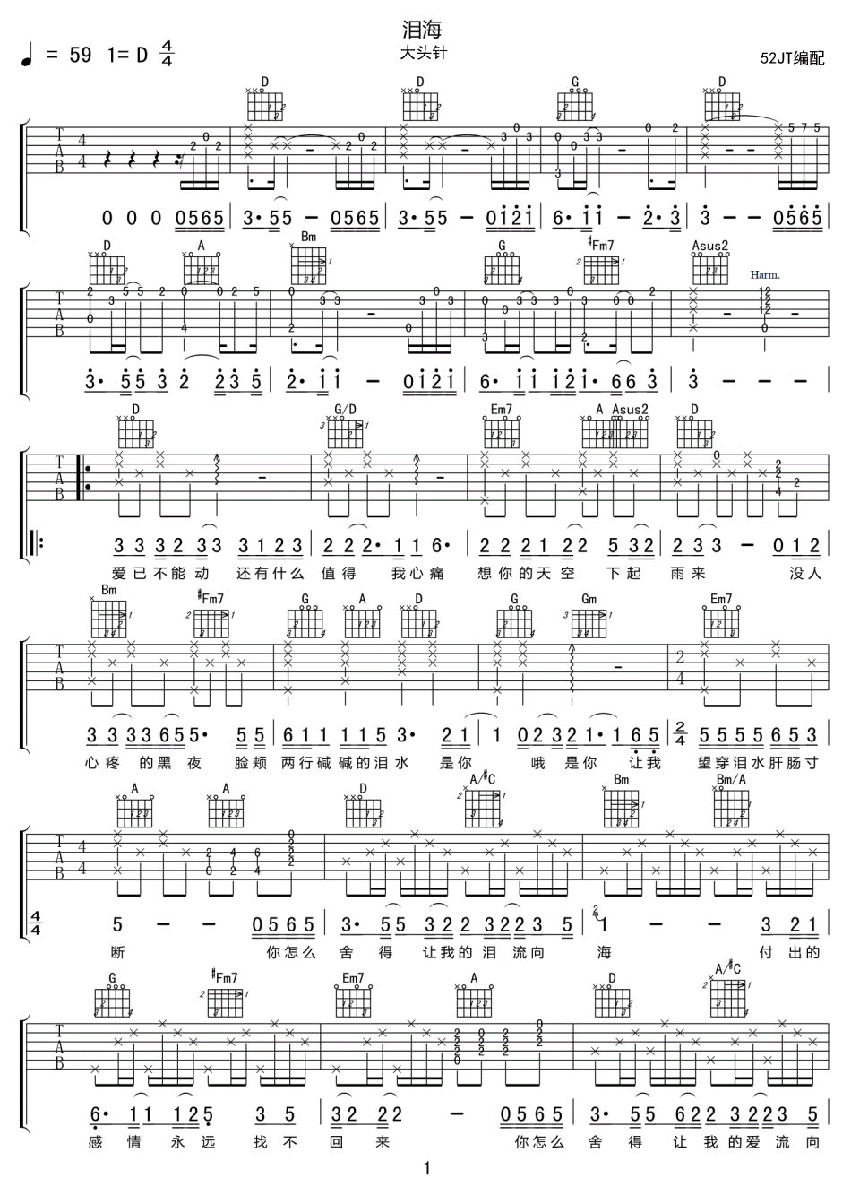 泪海吉他谱_大头针_D调和弦弹唱谱_重制版_图谱1