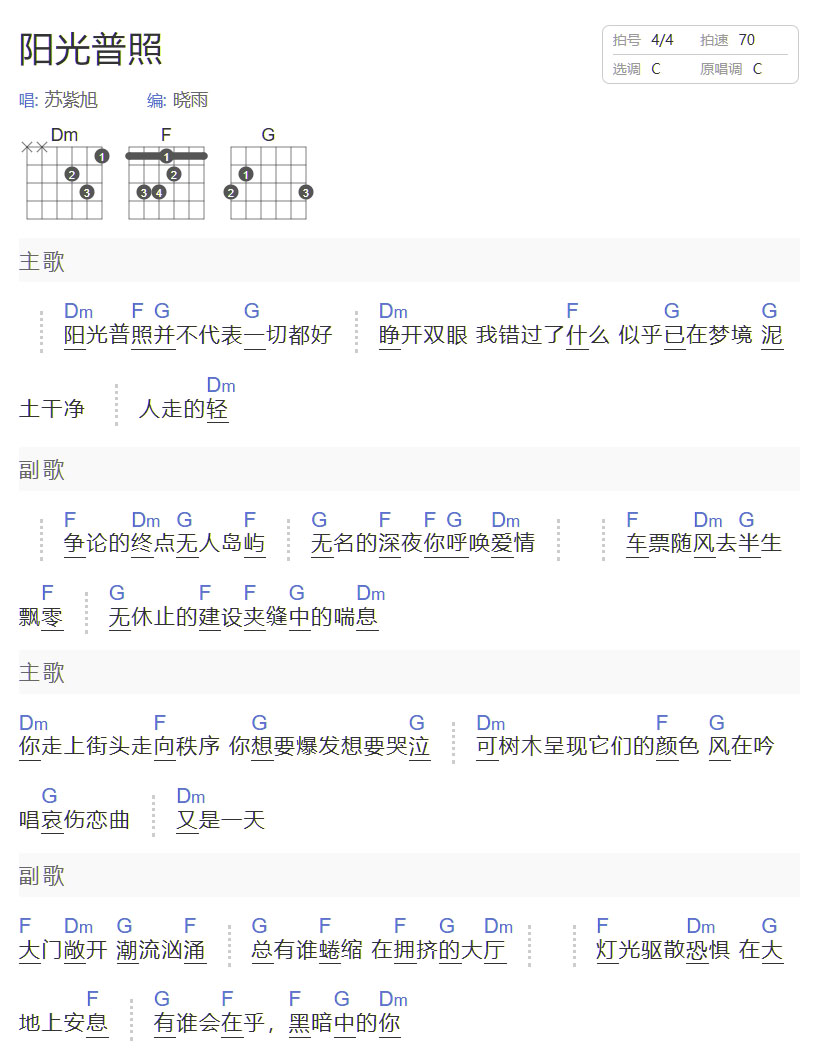 阳光普照吉他谱_苏紫旭_C调和弦弹唱谱_简单和弦版_图谱1