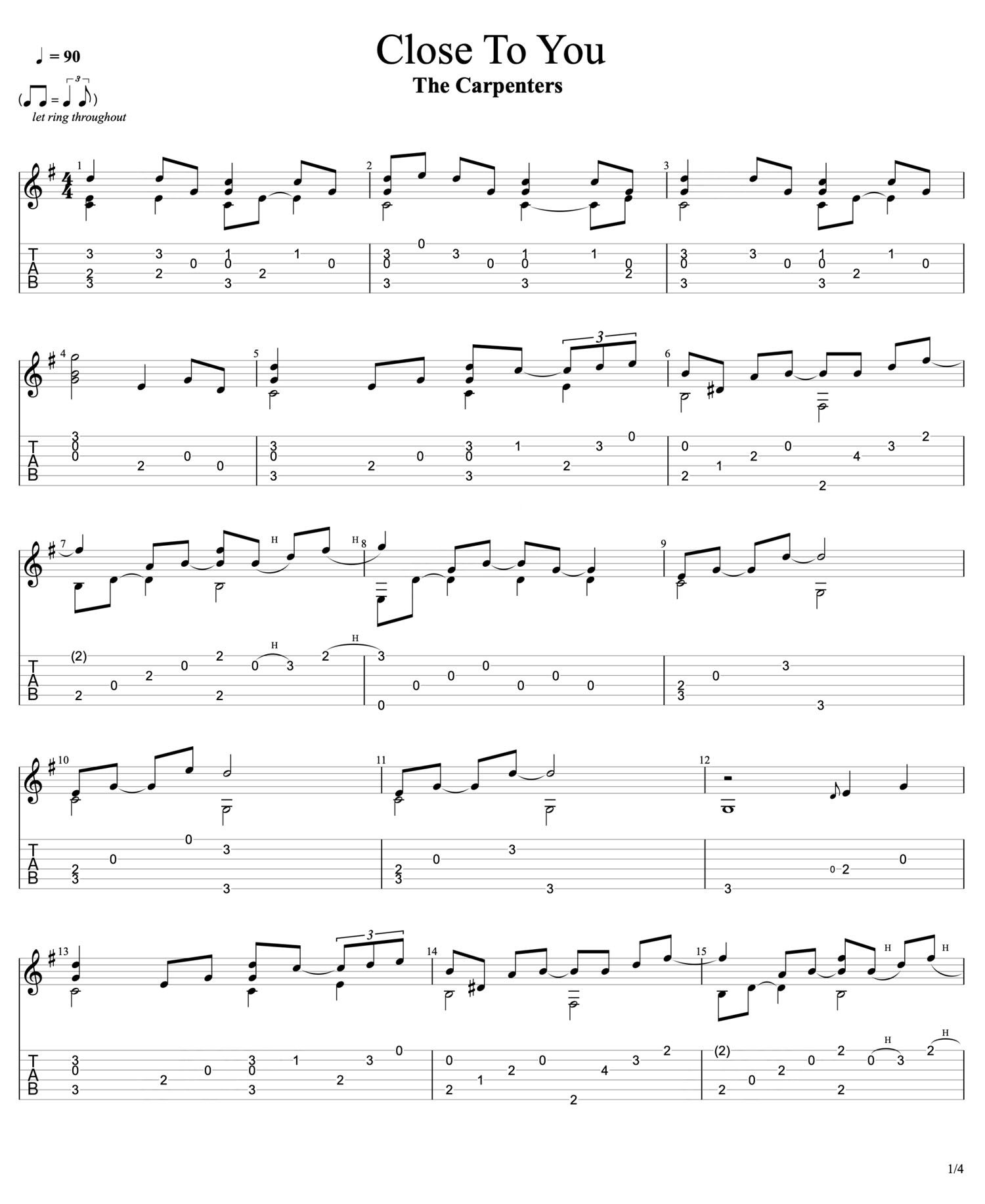 Close to you吉他谱_The Carpenters_C调指弹/独奏谱_世界名曲_图谱1
